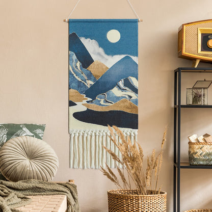 Alynsehom Macrame Woven Wall Hanging Tapestry Boho Wall Art Moon Mountain Chic Home Decor Bohemian Aztec Apartment Dorm Room Backdrop Decoration (Blue)