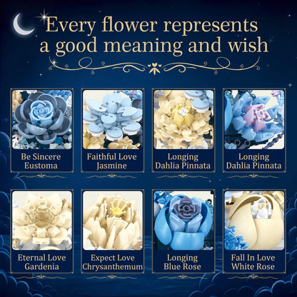 Sahteg 934PCS Blue Moon Flower Building Blocks Kit for Adults, Crescent Moon Botanical Art Display, Artificial Flowers Building Set for Home Décor Wall Art Decoration