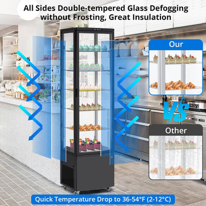 10.5 Cu.Ft Refrigerated Display Case, Floor-Standing Display Refrigerator with LED Light and Adjustable Shelves, Commercial Display Fridge with Casters for Cakes, Coffee, Bakery, Supermarkets, Store