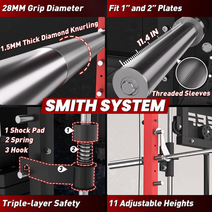 RitKeep PMAX-4750 Smith Machine with Jammer Arms and Leg Press Board, Adjustable 1:1 and 2:1 Pulley Ratios, 1800 LB Capacity,Multi-Function Commercial and Home Gym Equipment for Strength Training