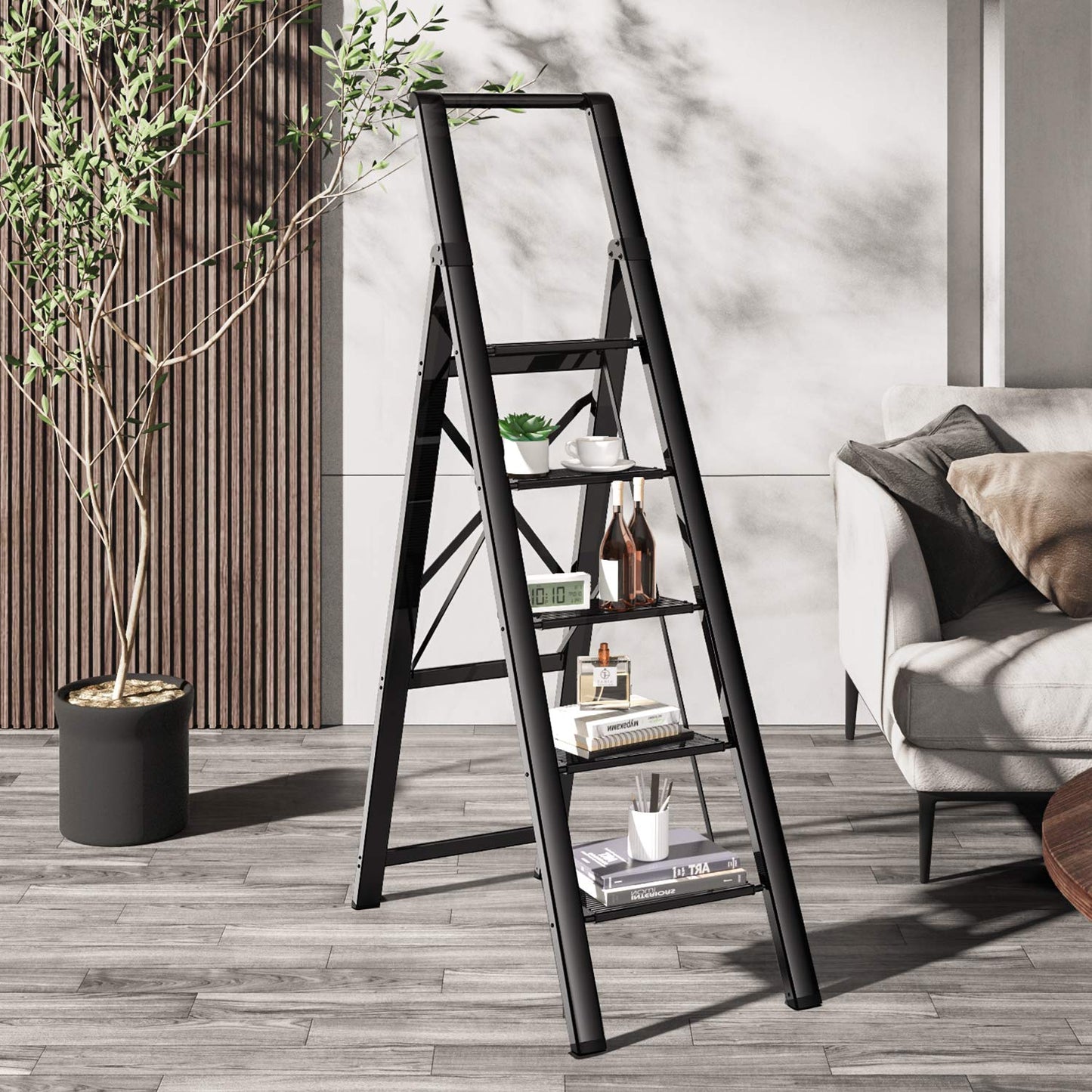 GameGem 5 Step Ladder Folding Step Stool Stepladders with Anti-Slip and Wide Pedal for Home and Kitchen Use Space Saving (Black)