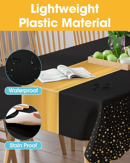 Niuara Table Cloth Set - Black and Gold Disposable Rectangle Table Cover & Runner - 3+3 Pack for Events