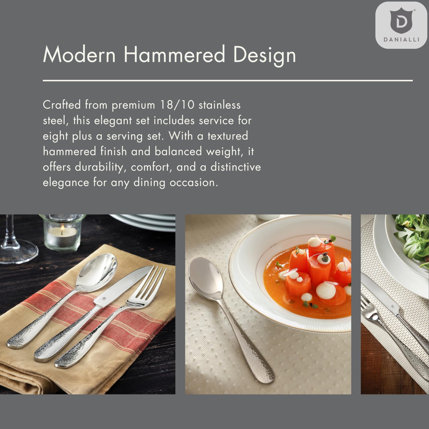DANIALLI Hammered Silverware Set | Premium 18/10 Stainless Steel Flatware Service for 12 | Heavy-Duty & Dishwasher Safe | Built to Last (60-Piece, Fidenza Hammered)