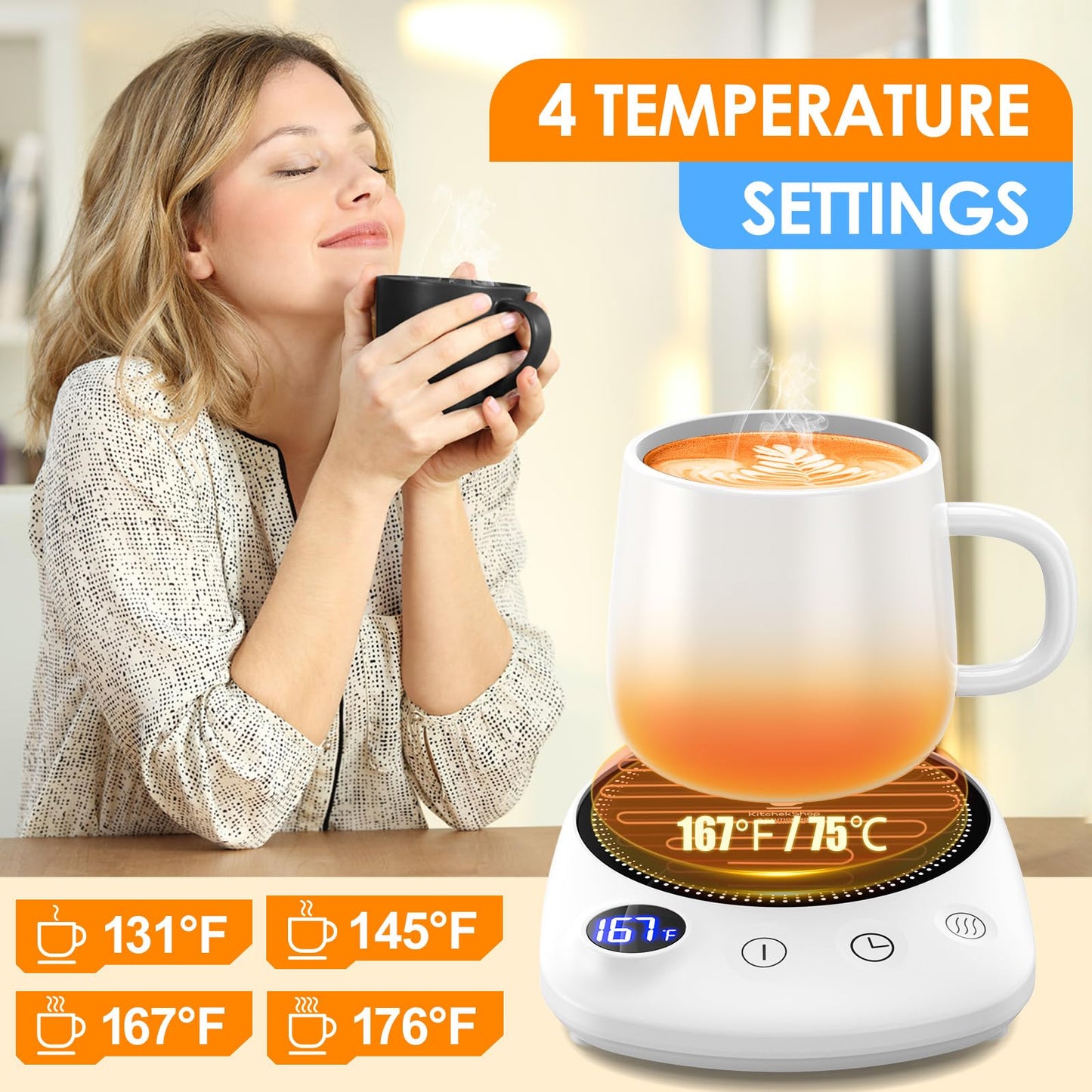 KitchekShop Coffee Mug Warmer - Fastest Heating & Highest Temperature, Coffee Cup Warmer for Desk Auto Shut Off, 4 Temp Settings & 1-12H Timer, Smart Electric Beverage Warmer for Coffee, Tea (White)