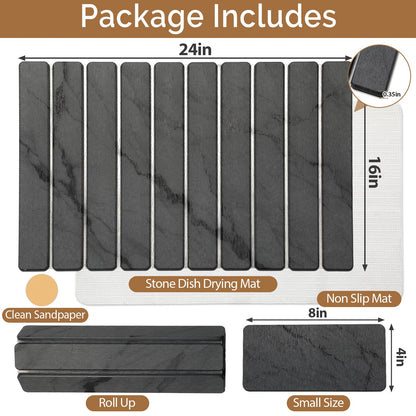 Large Stone Dish Drying Mat for Kitchen Counter, Quick Dry Stone Dishes Mats,Foldable Water Absorbing Diatomaceous Earth Drying Organizer Pad for Plate Rack Bottles Utensils(Dark Gray 24"×16" & 8"x4")