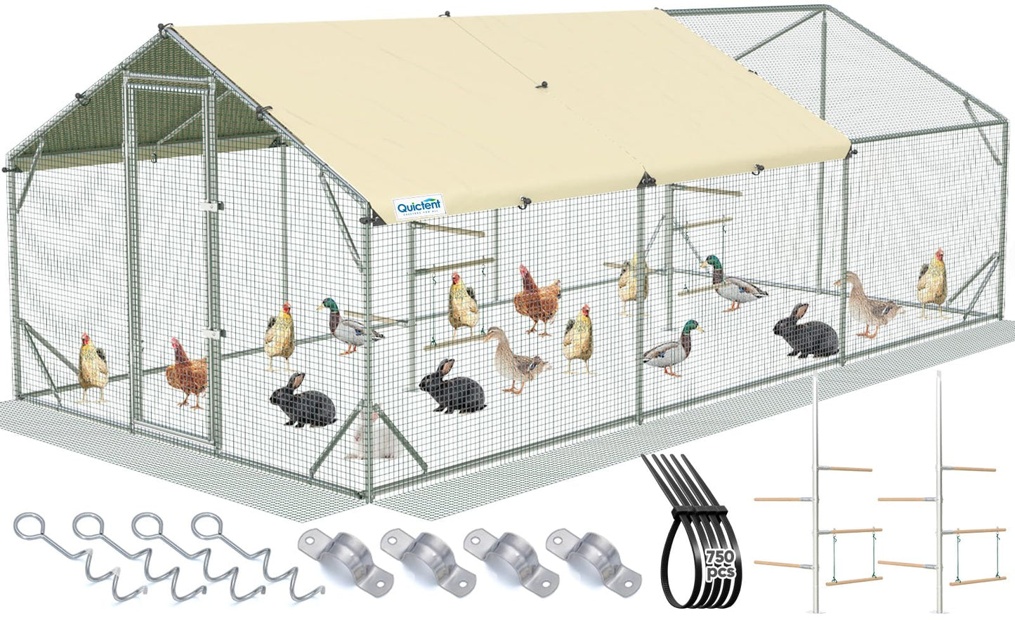 Quictent 18x9x6.6ft Metal Chicken Coop Run with Perch & Swing, Elite Series Large Walk-in Outdoor Poultry Cage Heavy Duty Predator Proof Hen Duck Rabbit Farm Pen House, Waterproof Anti-UV Cover