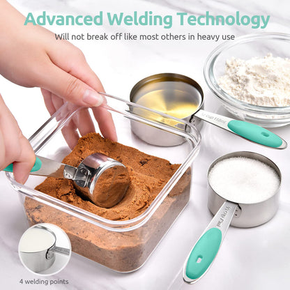 Measuring Cups and Spoons Set: U-Taste 18/8 Stainless Steel 12 Pieces Metal Stacking Kitchen Baking Cooking Food Measure Set 7 Cups 5 Spoons with Strengthened Weld Joints (Aqua Sky)