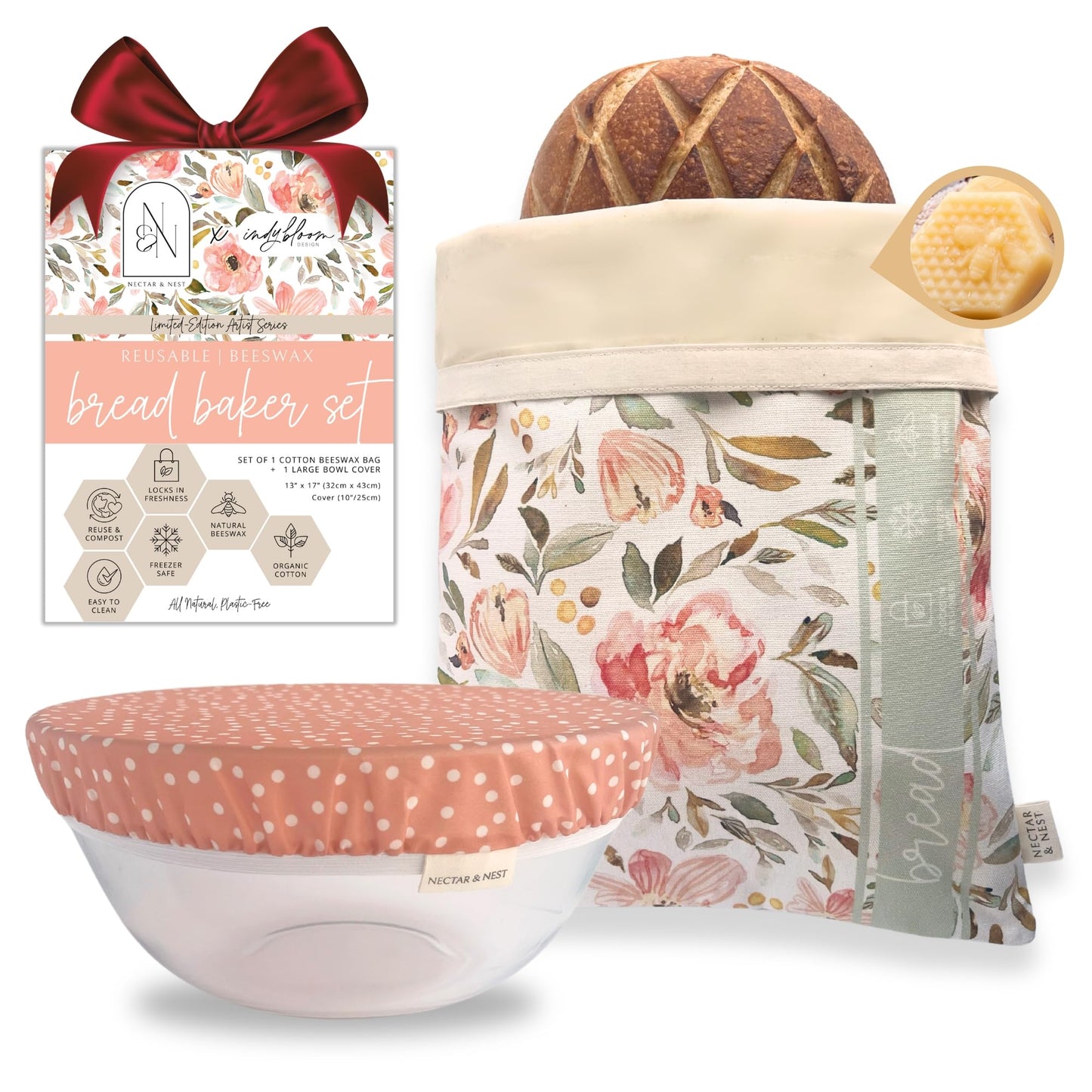 Nectar & Nest Bread Baker Set, Reusable Beeswax Bread Bags for Homemade Bread, Sourdough Bag, Organic Cotton Beeswax Bowl Cover, Limited-Edition Artist Series