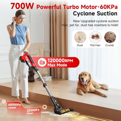 Skiennix 700W Cordless Vacuum Cleaner - 6-in-1 Lightweight Stick with 3 Suction Modes | Portable for Pet Hair & Hardwood Floors