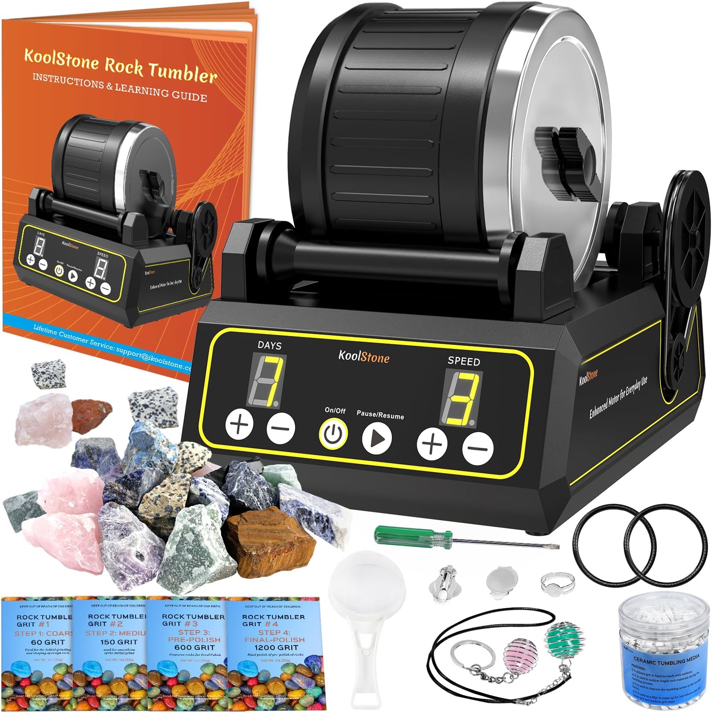 KoolStone C1 Rock Tumbler Kit - Large 2.5LB Rotary Rock Tumbler for Adults & Hobbyists, Quiet Rubber Barrel, Adjustable Timer & Speed, Complete Gem Polishing Kit with Memory Function