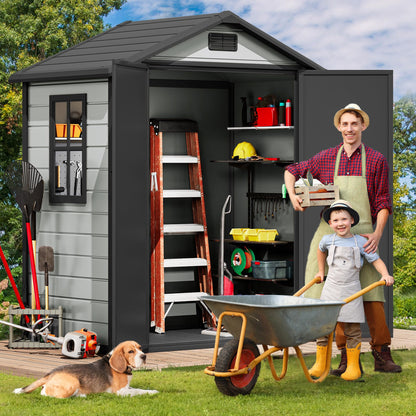 DWVO 6x4 FT Resin Storage Shed with Reinforced Floor, Outdoor Storage Shed with Lockable Door, Window and Vents, Waterproof Plastic Tool Storage for Garden, Backyard, Patio, Lawn(Blue-Gray+Black)