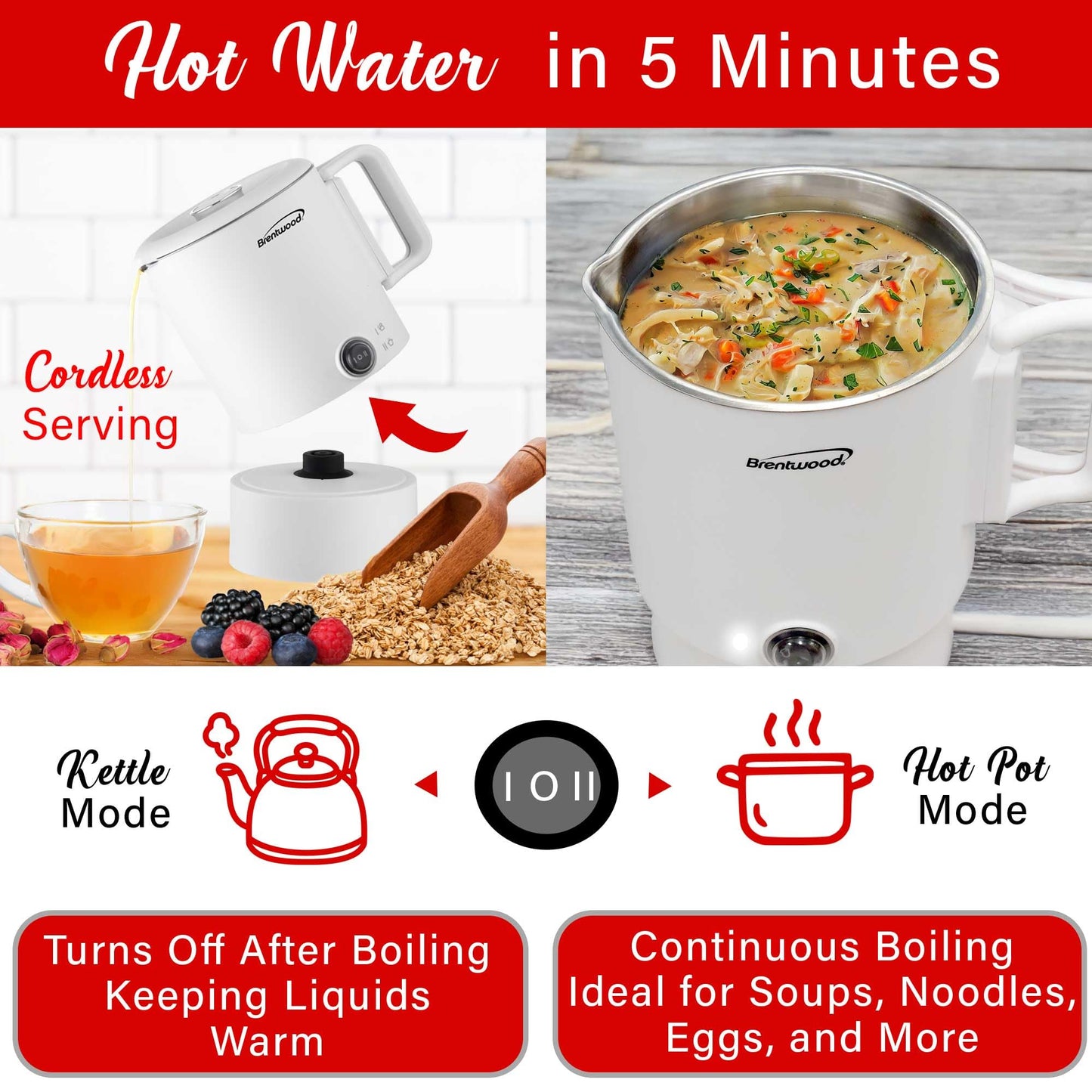 Brentwood KT-1504W 27oz Electric Travel Kettle & Hot Pot, Collapsible, Cool Touch Double Wall Stainless Steel Construction, Cordless with 360° Base, Auto Shut Off, Boil Dry Protection (White)