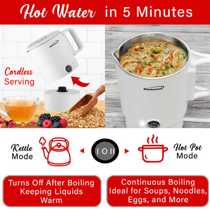 Brentwood KT-1504W 27oz Electric Travel Kettle & Hot Pot, Collapsible, Cool Touch Double Wall Stainless Steel Construction, Cordless with 360° Base, Auto Shut Off, Boil Dry Protection (White)