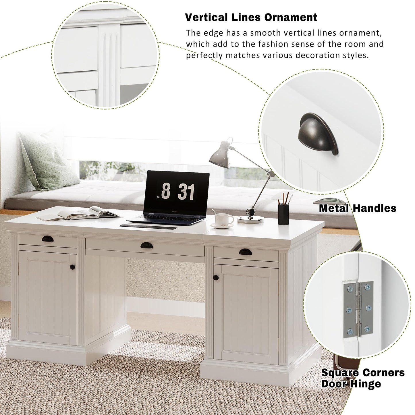 Merax 67" Modern Executive Desk, Computer Desk with 2 Wooden Doors Storage Cabinet and 3 Drawers, Rectangle Home Office Desk Reading Desk Writing Table Workstation for Study Living Room Office, White