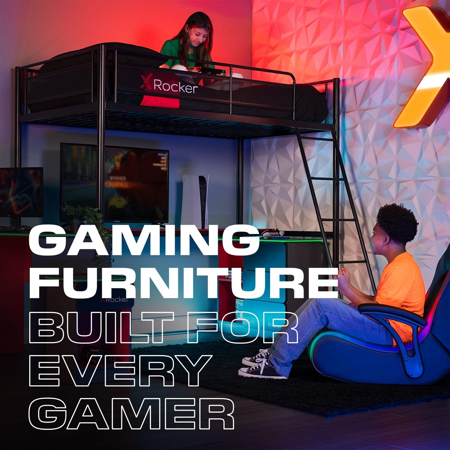 X Rocker Emerald RGB LED Youth Floor Rocking Video Gaming Chair with Headrest Speakers, Armrests, Foldable, Vegan Leather, 200 lbs Max, Amazon Exclusive, Black
