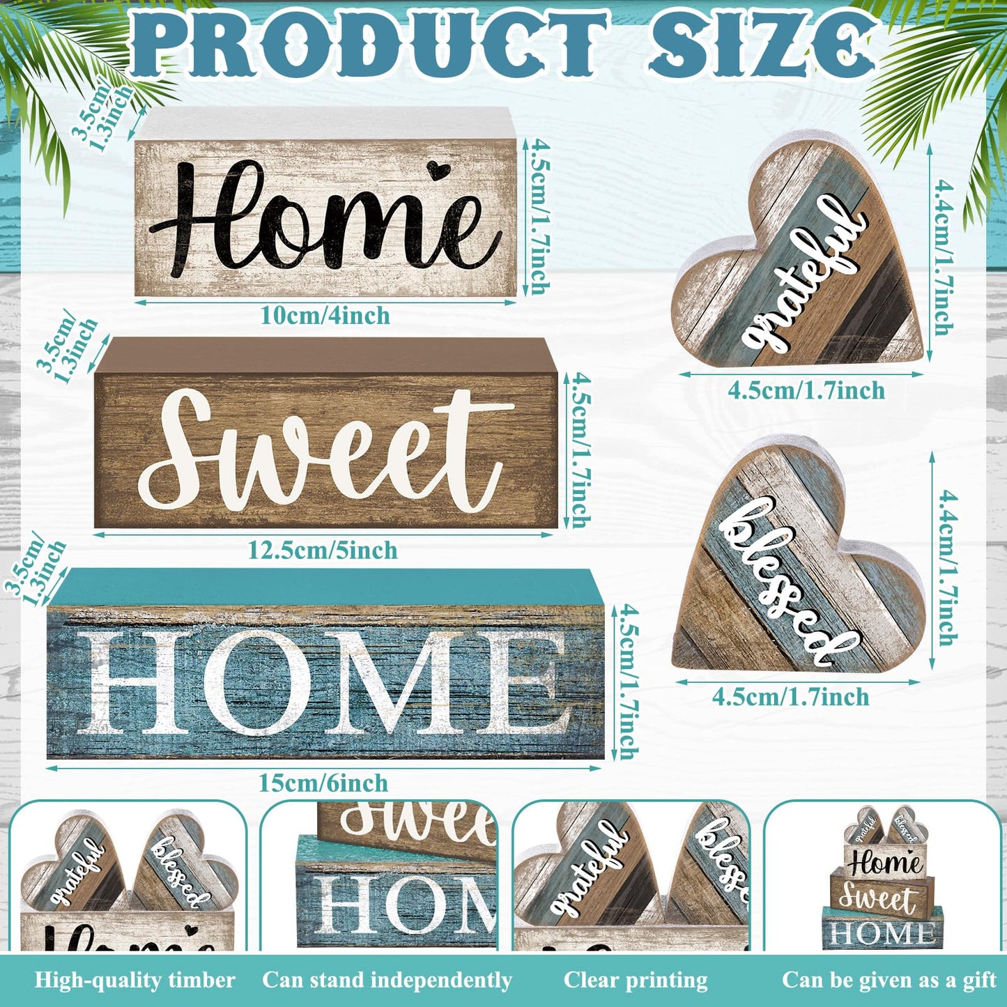 CroBlissful 4 Pcs Farmhouse Wooden Tabletop Decor Sweet Home Tiered Tray Decor Rustic Heart Shaped Centerpiece Farmhouse Block Sign Housewarming Gifts for Home Kitchen Table Shelf Mantel Decoration