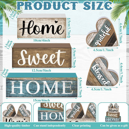 CroBlissful 4 Pcs Farmhouse Wooden Tabletop Decor Sweet Home Tiered Tray Decor Rustic Heart Shaped Centerpiece Farmhouse Block Sign Housewarming Gifts for Home Kitchen Table Shelf Mantel Decoration