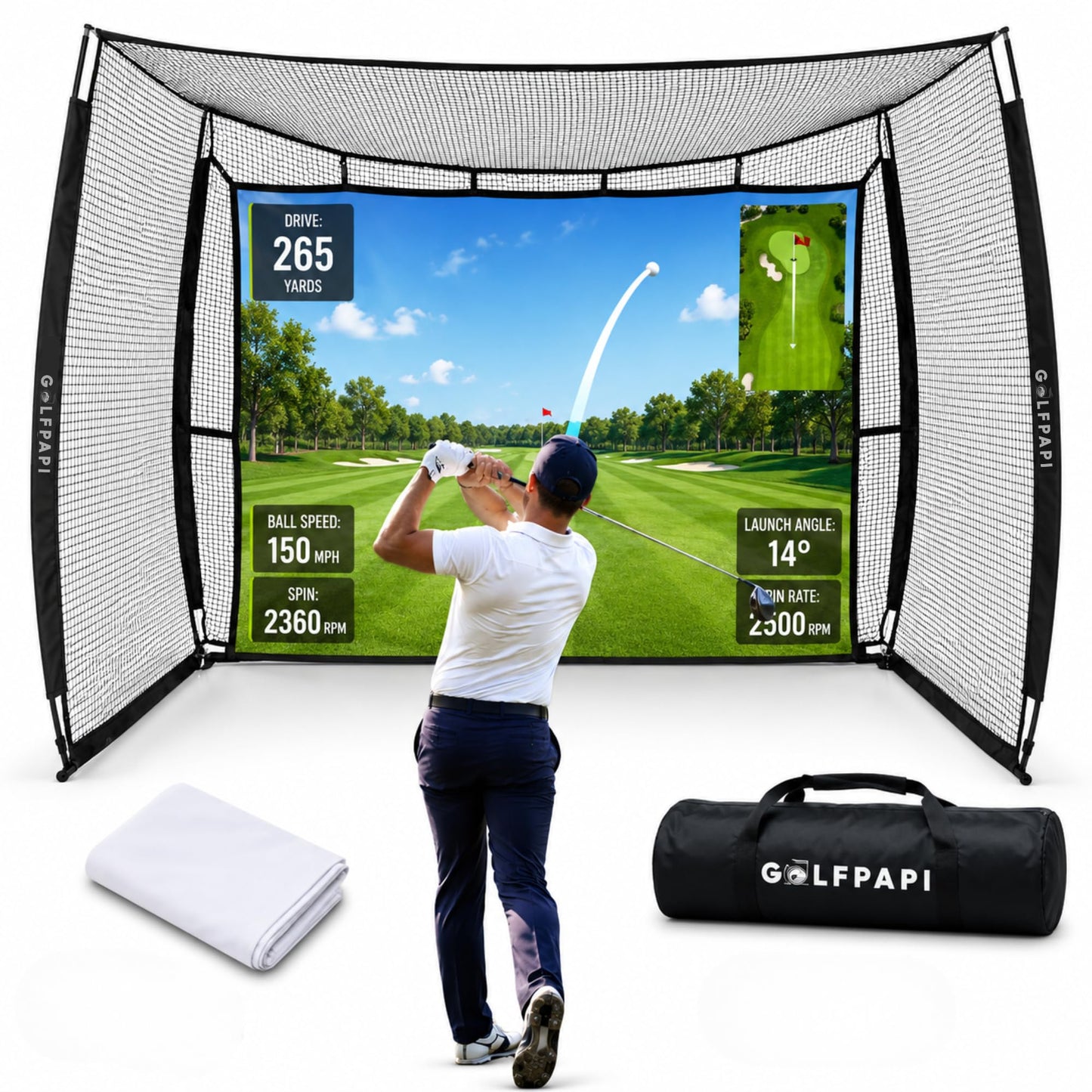GOLF PAPi Mobile Golf Simulator Net – 10ft Compact Practice Net with Steel Frame & Impact Screen – Indoor & Outdoor Golf Training for Backyard, Garage & Home Sim Setup