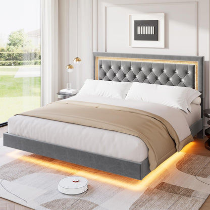 Floating Queen Platform Bed Frame with Smart LED Lights – Modern Diamond Upholstered Headboard, Noise-Free Wood Slats, Under-Bed Storage, Easy Assembly, Contemporary Bedroom Furniture, King Gray