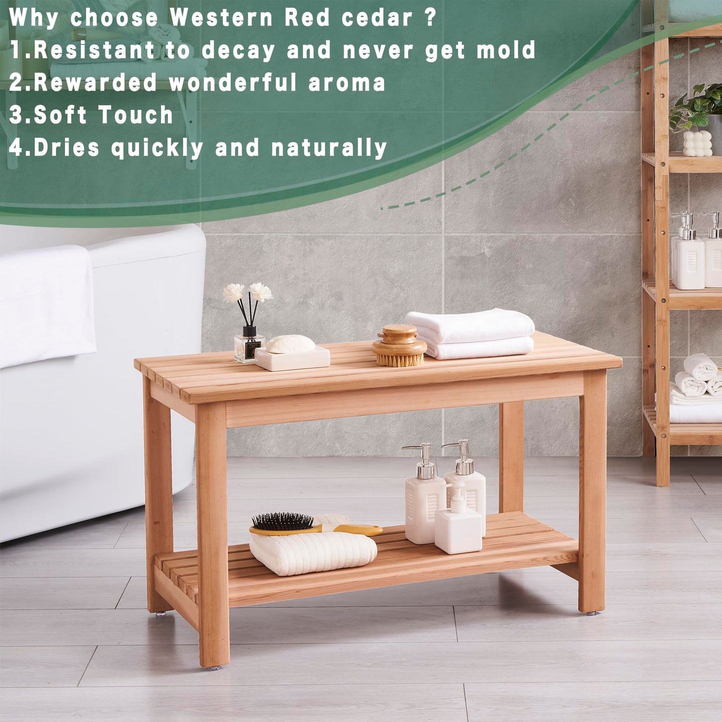 bingaai Western Red Cedar Sauna & Shower Bench 31.5" Fully Assembled – Strong, Durable, Soft-Touch, Insulating Cedar Wood Bench for Bathroom, Sauna, Indoor & Outdoor Use