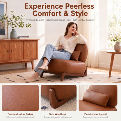 Trygoal Mid Century Modern Leather Armless Accent Chair, MCM Curved Back Lounge Chairs with Tilted Solid Wood Legs & Thick Lumbar Pillow, Single Cloud Sofa for Living Room Reading Nook (Brown)
