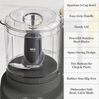 Martha Stewart 3 Cup Food Processor, Electric Vegetable Chopper, Stainless Steel Blades, 24oz BPA-Free Bowl, Pour Spout, Dicing, Mincing, Chop & Puree, Dishwasher Safe, Oil Chute, Easy-Clean, Caviar