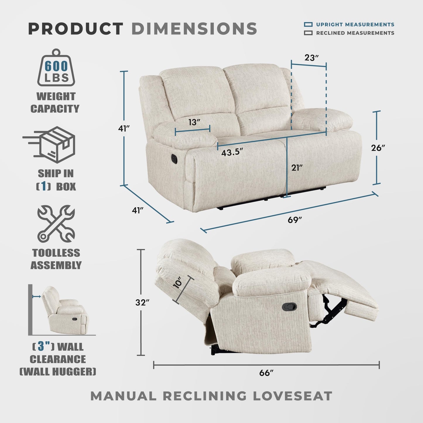 Lexicon Manual Double Reclining Loveseat, Textured Microfiber Wall Hugger Recliner Loveseat, Pillow Top Arms, 2 Seater Couch for Living Room/Theater Seating/Apartment, Easy Assembly, Vanilla Beige