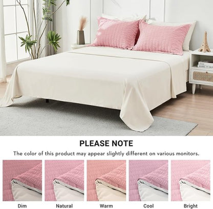 HYMOKEGE Twin XL Comforter Set - 5-Piece Seersucker Bedding in Pink/Ivory | All-Season Luxury Bed in a Bag