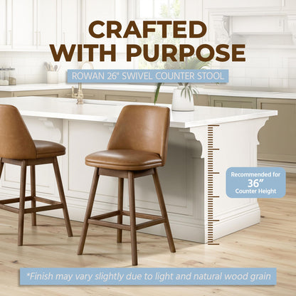 ROME + OAK Rowan 26 Inch Swivel Counter Height Stool in Walnut Finish with Brown Vegan Leather Upholstery Seat - Kitchen or Dining Room Furniture