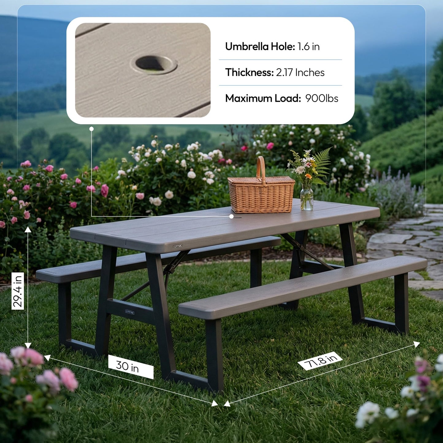 LIFETIME 6-Foot Folding Picnic Table with Benches, Seats 8, Heavy-Duty HDPE Tabletop, Steel Frame, Weather & UV Resistant Outdoor Picnic Table with Umbrella Hole