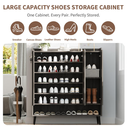 Garvee Large Shoe Cabinet with Doors, 3 Door Shoe Storage Cabinet with Adjustable Shelves & Hooks, 6 Tier Shoe Organizer Cabinet for Entryway, Hallway, Wooden Shoe Rack Cabinet for 30+ Pairs, Grey