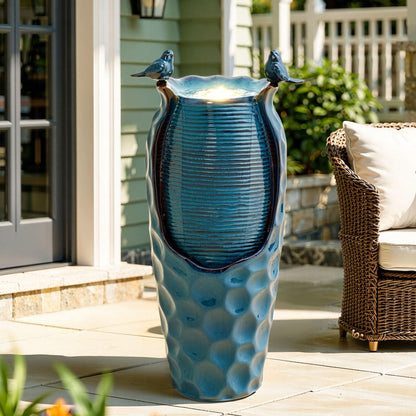 Autodaya 32.5" H Ceramic Jar Outdoor Fountain, Honeycomb Pot Water Feature with LED Lights, Soothing Trickling Waterfall for Garden, Patio, Yard, Balcony Oasis, KD Vivid Birds, Turquoise Glaze
