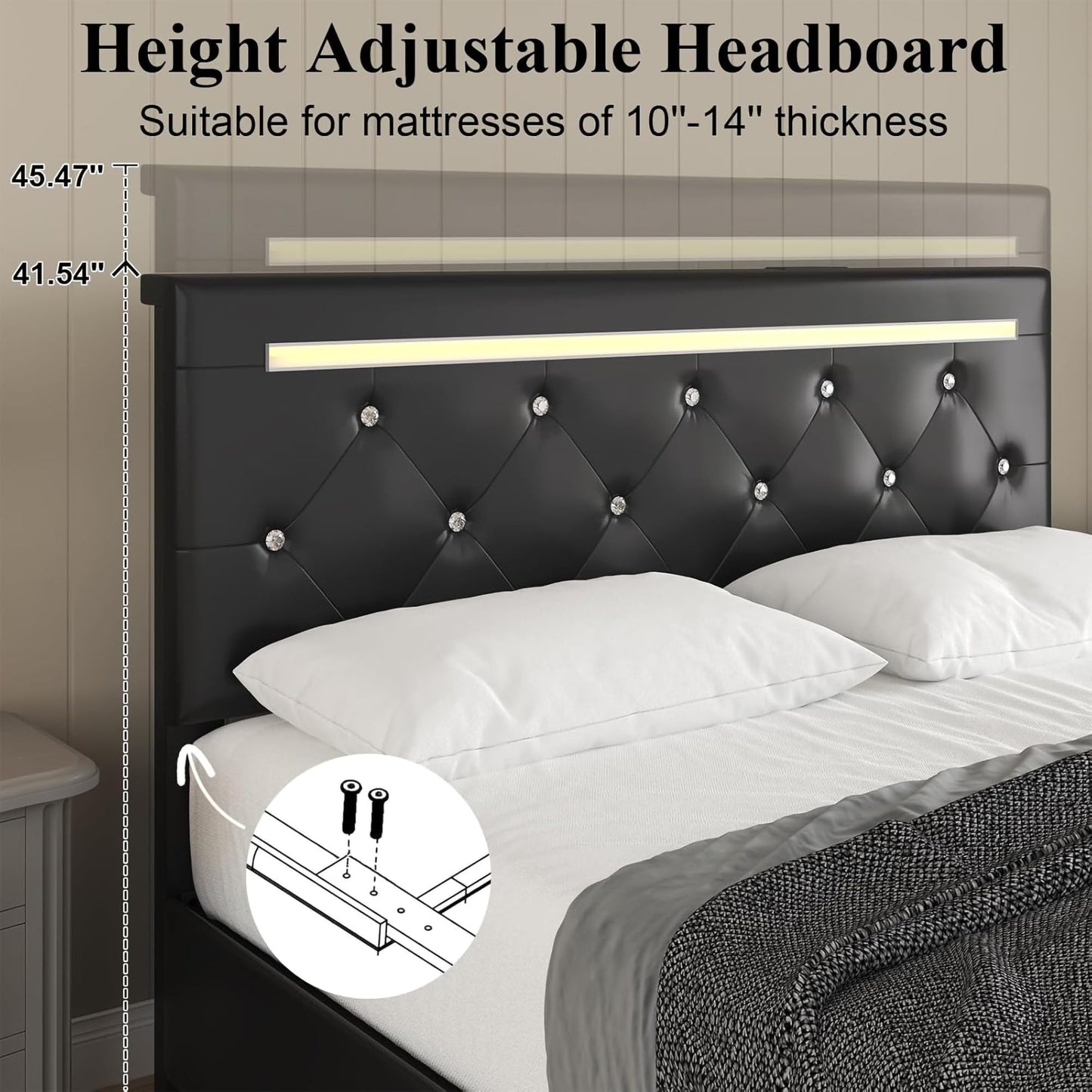 FammyLoft Queen Size Bed Frame, PU Upholstered Bed Frame with RGB LED and 4 Storage Drawers, Platform Bed Frame with Adjustable Headboard, Charging Outlet, Diamond Crystal Button, Black
