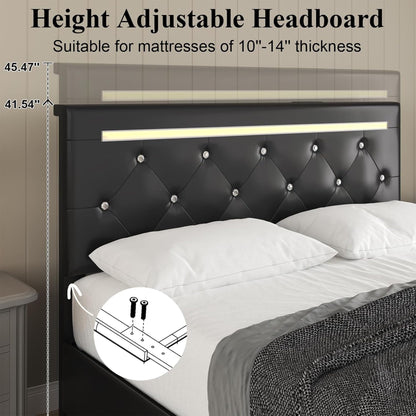 FammyLoft Queen Size Bed Frame, PU Upholstered Bed Frame with RGB LED and 4 Storage Drawers, Platform Bed Frame with Adjustable Headboard, Charging Outlet, Diamond Crystal Button, Black
