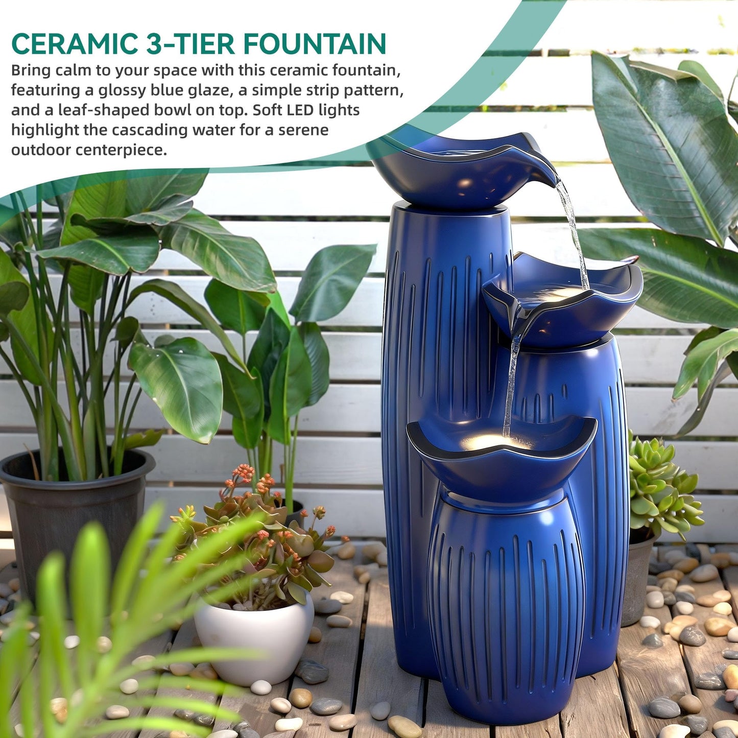 Autodaya Modern Ceramic Outdoor Water Fountain with LED Lights, 30" 3-Tier Geometric Pedestal Water Feature with Fluted Texture, Relaxing Cascading Waterfalls for Garden Lawn Patio Yard Art Decor