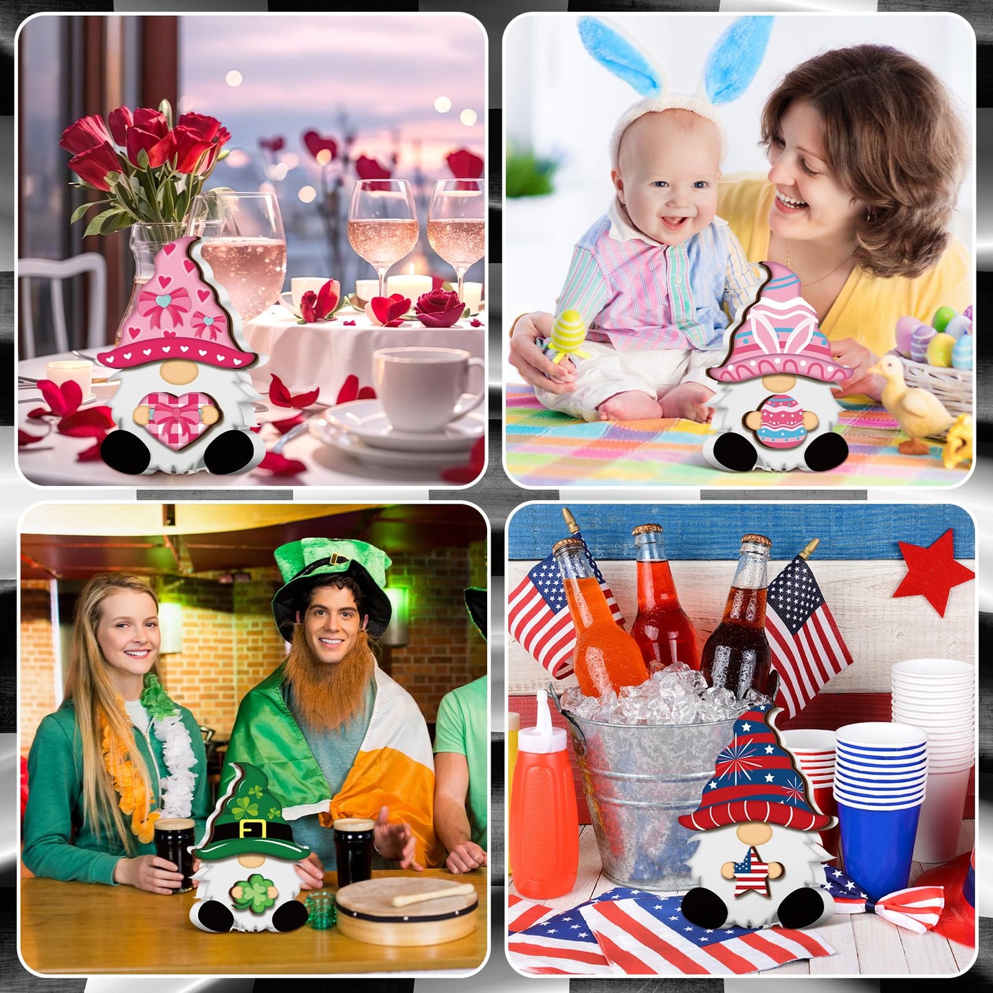 Qunclay 33 Pcs Interchangeable Wooden Gnome Decor Summer 4th of July Patriotic Tiered Tray Decor Set with Magnet and Detachable Hats Holiday Table Centerpieces for Home(Stylish)
