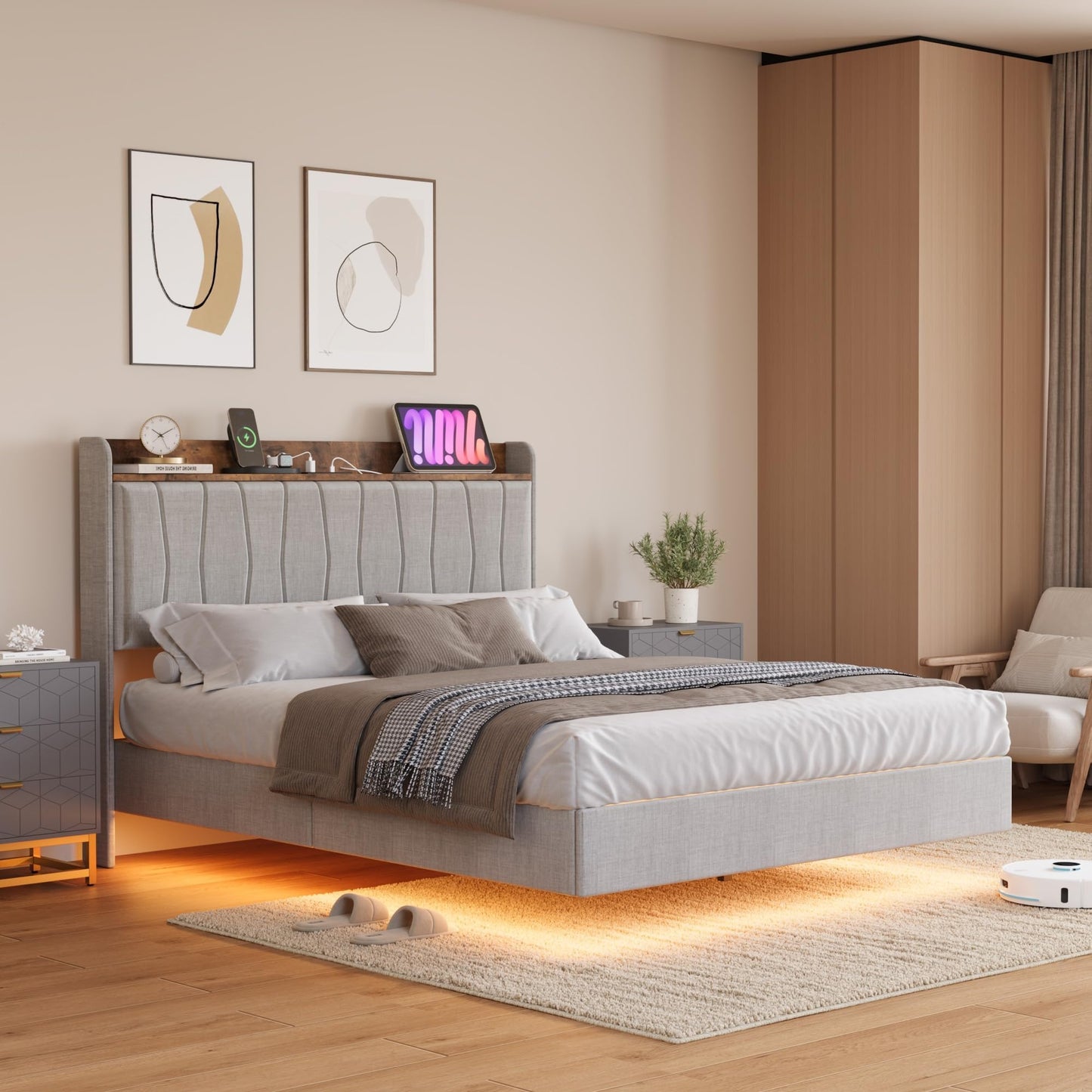 GAOMON Floating King Size Bed Frame with Upholstered Storage Headboard, Platform Bed Frame with LED Lights & Charging Station, Wood Slats Support, No Box Spring Needed, Grey