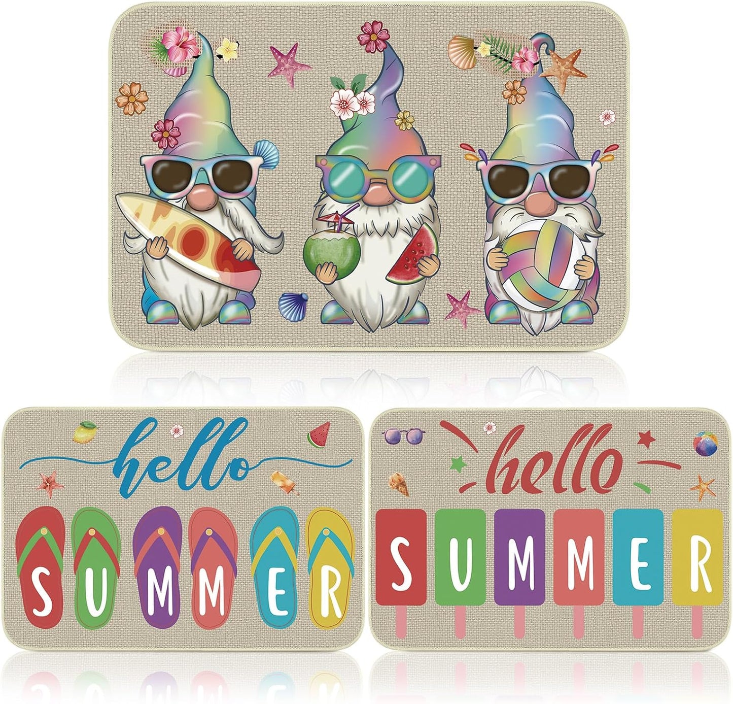 Zhanmai 3 Pcs Hello Summer Door Mat - 23 x 15 Inch, Gnome Decorative Doormat, Non-Slip, Rubber Outdoor Rugs for Summer