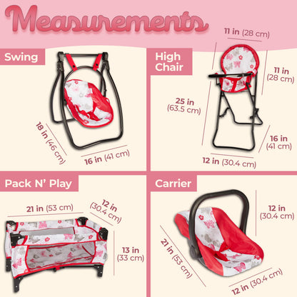18-Inch Baby Doll Nursery Playset by Litti - Doll Accessories Set with Swing, Crib, High Chair, and Carrier - Realistic Toy Furniture for Imaginative Play - Gift for Kids Ages 3 Up