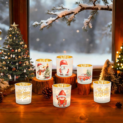 Regine Switzerland Christmas Votive Candle Holders - Set of 3 White, Gold & Red Glass for Holiday Decor | Gnome, Truck & Snowman Designs