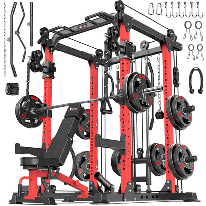 Power Rack Power Cage Multi-Function Squat Rack with Cable Crossover System Selectable More Training Attachment Power Rack for Garage & Home Gym (Red, D Set L02+Weight Bench+（Pole+Cast Iron） 248LBS)