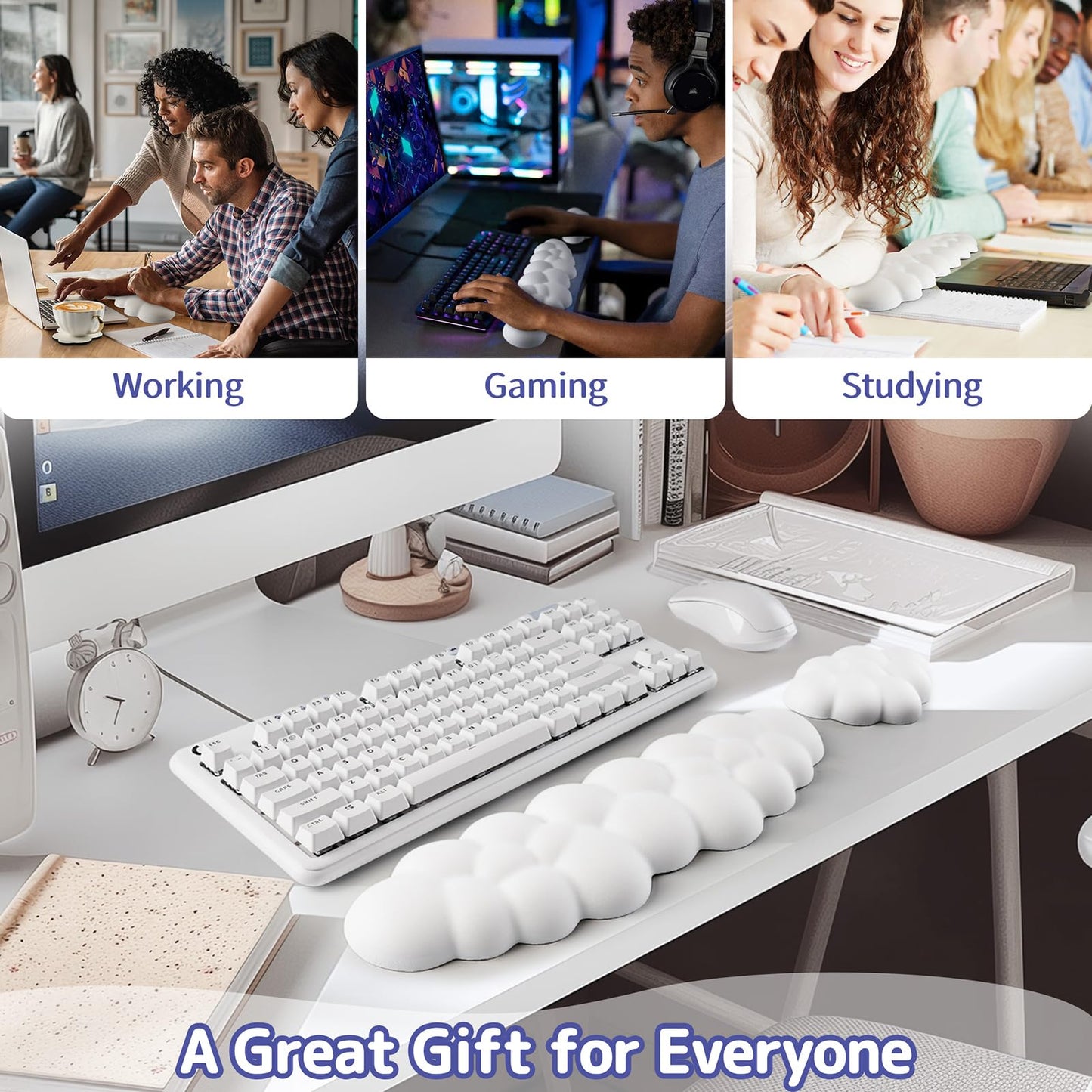 Sushret Cloud Wrist Rest Keyboard, Cloud Keyboard Wrist Pad Set with PU Leather Memory Foam, Cute Arm Rest for Palm Support, PC/Gaming Desk Accessories/Office Setup/Computer Hand Cushion - White
