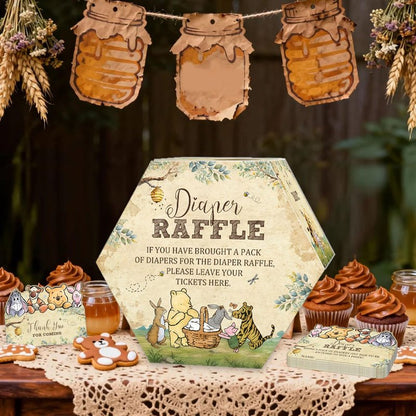 Winnie Baby Shower Diaper Raffle Hexagonal Box, 50 Bear Diaper Raffle Tickets with Box, Classic Baby Shower Game for Girls Boys, Pooh Baby Shower Party Centerpiece, Newborn Party Decoration Supplies
