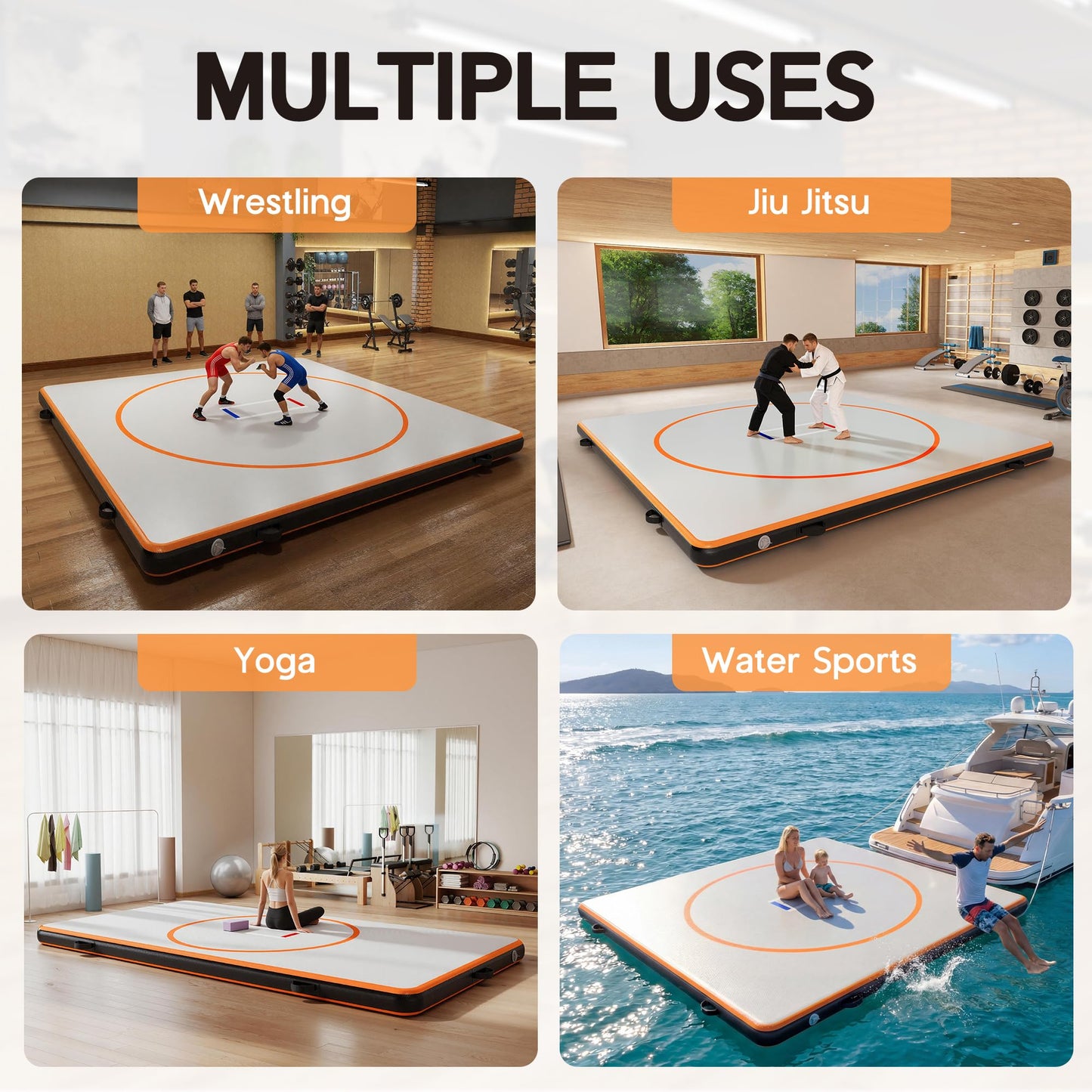Specraft 10x10 FT Inflatable Wrestling Mat 4" Thick PVC Orange/Gray Waterproof Jiu Jitsu Mats for Jiu Jitsu, BJJ, MMA, Grappling & Water Yoga, Indoor/Outdoor, Includes Dust Bag & Repair Kit