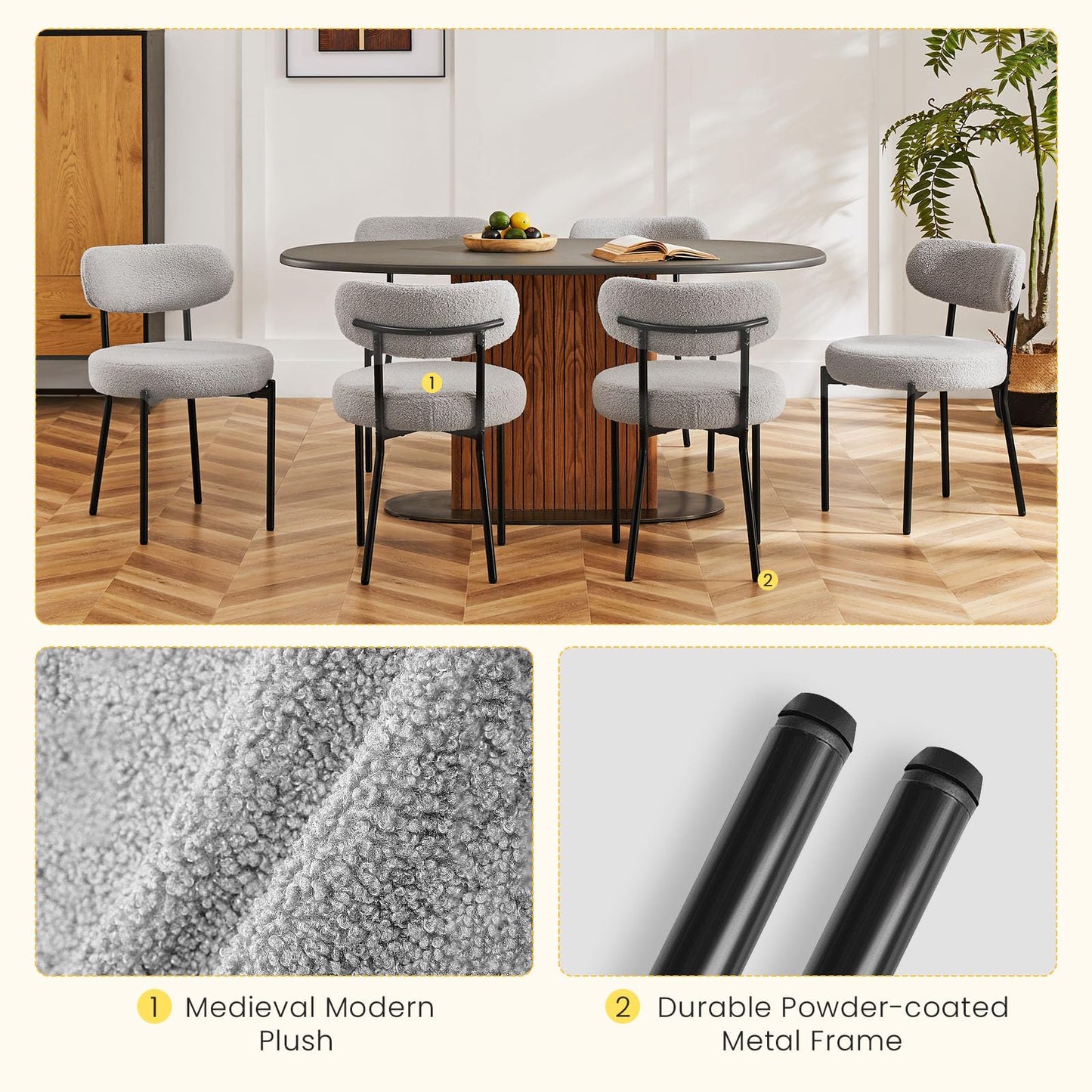DUMOS Dining Chairs Set of 6, Mid Century Modern Chair Round Upholstered Curved Backrest, Kitchen Vanity Living Room Chairs with Black Metal Legs，Light Grey