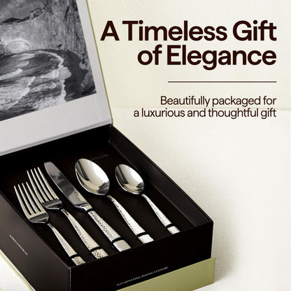 Luciella Ponza Flatware Set for 8, 45-Piece Stainless Steel Silverware Set with Serving Utensils, Timeless Hammered Design, Rust-Resistant, Mirror Polished & Dishwasher Safe, Mothers Day Gifts