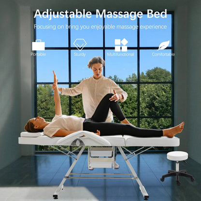 VroomAuto Hydraulic Facial Bed & Massage Chair with Stool, 3-Section Adjustable Esthetician Table for Spa, Tattoo, Beauty Salon, White