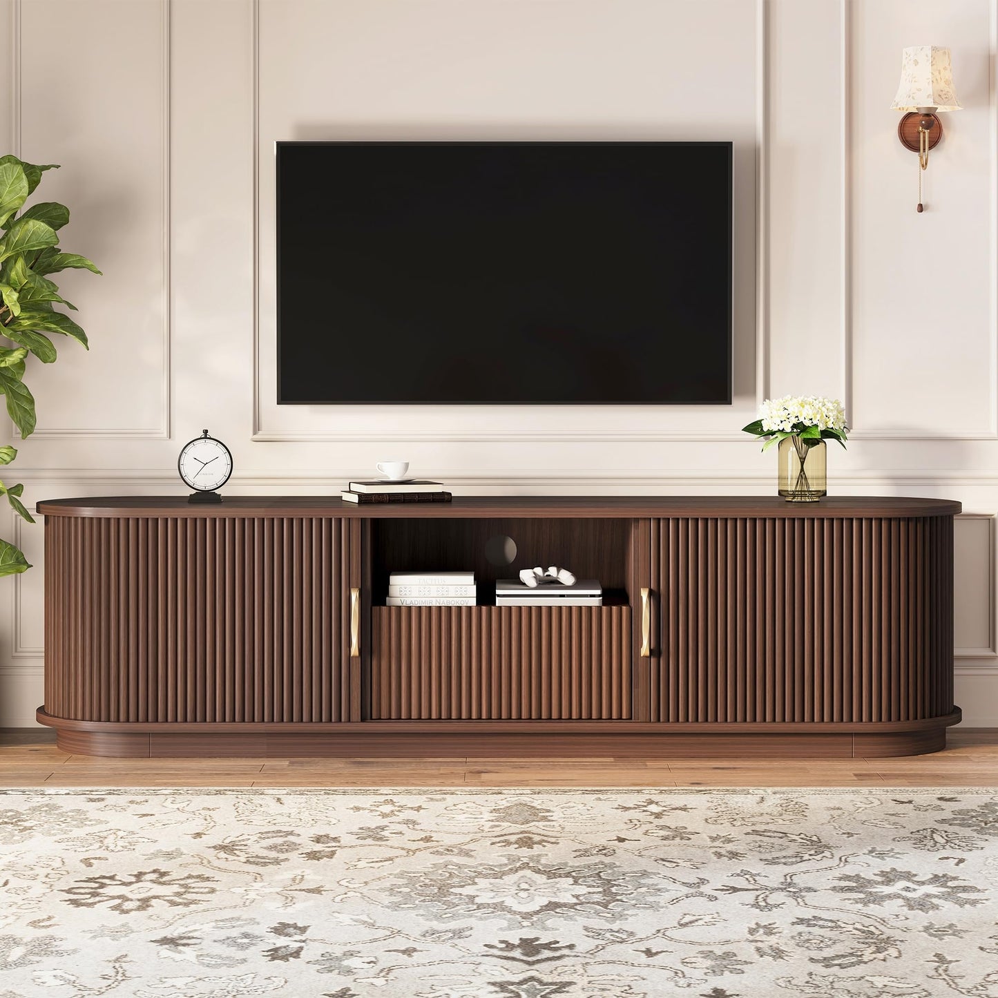 Merax Rustic Wood TV Stand for TVs Up to 75'', Farmhouse Entertainment Center with Storage Drawers, Practical Media Console for Living Room, Bedroom, Walnut