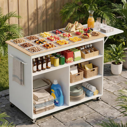 Charcuterie Cart with 12 Stainless Steel Food Pans & Large Storage Space, Mobile Wooden Buffet Cart with Foldable Prep Surface, Pizza Topping & Salad Bar Station, Kitchen Island Includes for Party