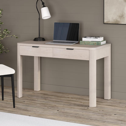 Henn&Hart 48" Fluted Modern Rectangular Wooden Home Office Desk Computer Desk Writing Table with Ribbed Legs and 2 Storage Drawers for Bedroom, Living Room, or Home Office, Beech White